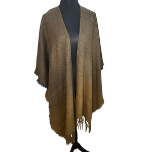 Camel & navy fringe wool shawl cape short sleeve cardigan
